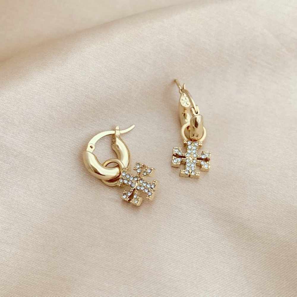 Tory Burch Gold Crystal Cross Charm Hoop Earrings - Women Jewelry